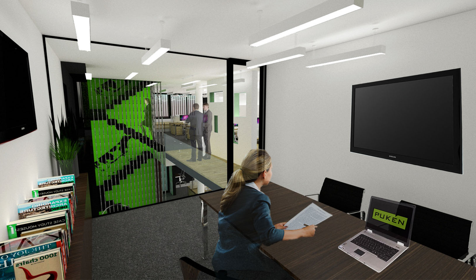 Interacción de espacios en oficinas modernas, interiores coloridos en oficinas