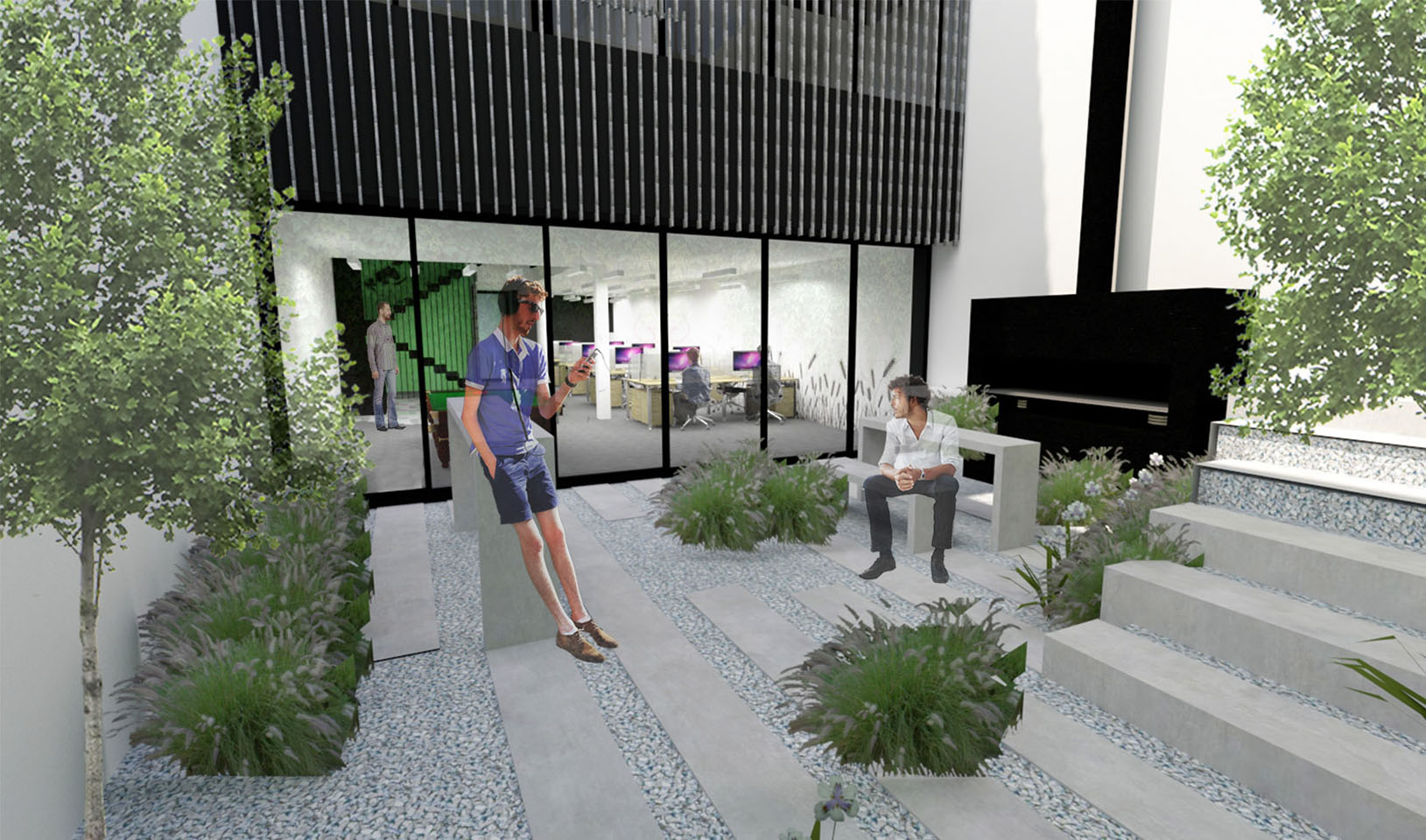 Diseño de patios modernos en edificios de oficinas, espacios de interacción en edificios de oficina